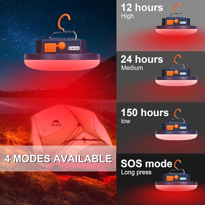 2025 Red Light Insect-Proof Camping Lamp10000mAh Rechargeable 3000LM Tent Camping Light, 6500K 24Hours Long Play Time , Outdoor Night Market Night Fishing Lantern (Remote)
