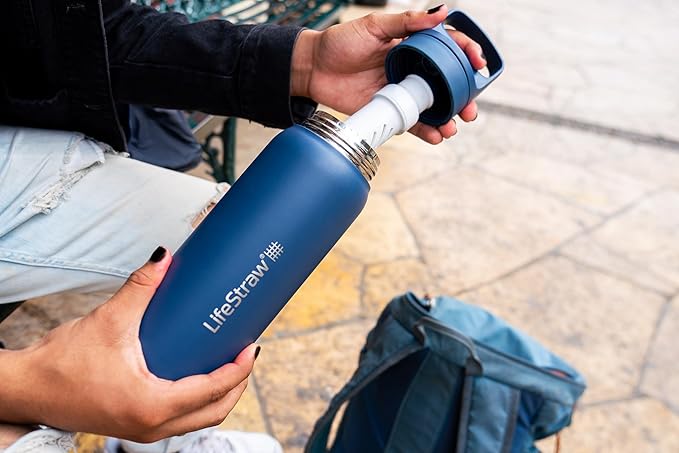 LifeStraw Go Series — Insulated Stainless Steel Water Filter Bottle for Travel and Everyday Use Removes Bacteria, Parasites and Microplastics, Improves Taste, 24oz Nordic Noir
