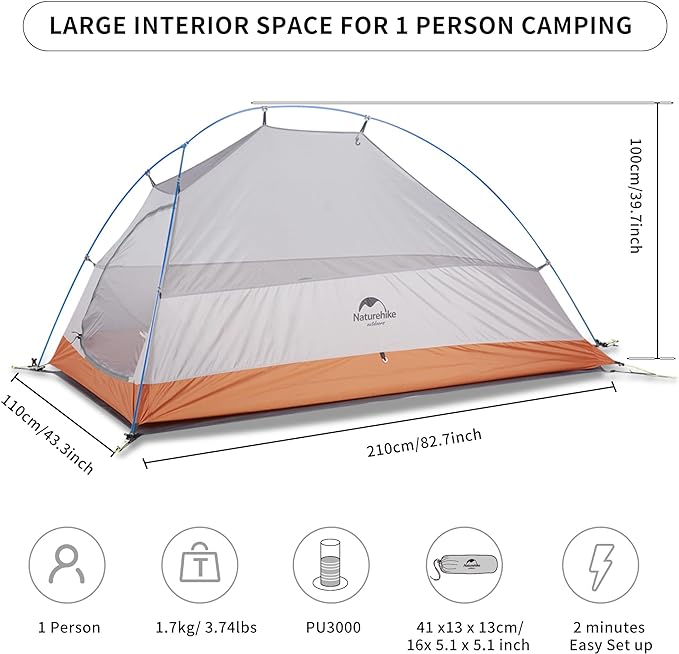Naturehike Cloud-Up 1 Person Tent, Lightweight Backpacking Tents for One Man, Waterproof Ultralight One Person Tent for Camping Hiking Backpacking