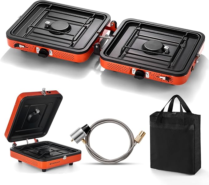 Odoland Portable 2 Burner Camping Stove Propane 17000 BTU/h Gas Stove Collapsible Backpacking Stove for Indoor Outdoor Cooking Hiking and Picnic