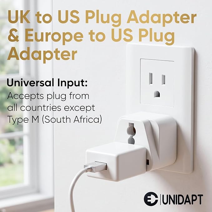 UK to US Travel Adapter, India to US Plug Adapter, Unidapt Adapters for USA, 2-Pack, Plug Converter, USA Travel Adapter, EU to US with Dual Inputs, Universal to American Outlet Plug