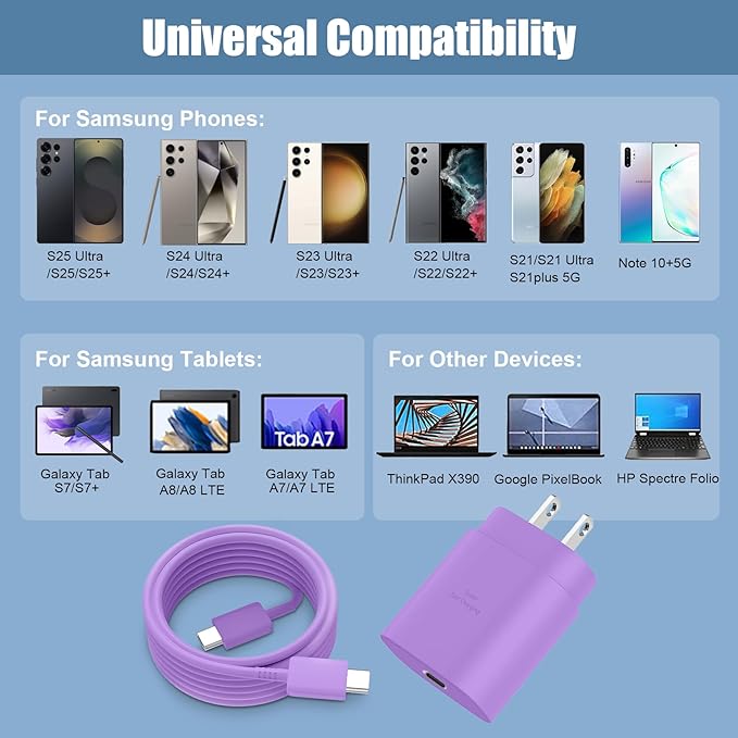 Super Fast Charger Type C,25W USB C Wall Charger Fast Charging Block & 8Ft Cable Cord for Samsung Galaxy S26 S25 S24 Ultra/S24/S24+/S23 Ultra/S23/S23+/S22/S22 Ultra/S22+/S21 Ultra/S20 Ultra/Note 20/10