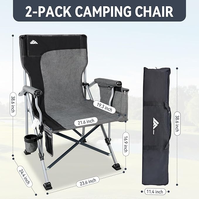 Ablazer 2-Pack Camping Chairs for Adults, Support 350LBS Lawn Chairs with Cup Holder & Cooler Bag, Folding Chairs for Outdoor, Fishing, RV Trip