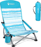 VILLEY Low Beach Chair, High Back Folding Chair for Adults, Lightweight and Portable for Outdoor, Camping, Lawn, Music Festival, with Cup Holder and Carry Bag - Blue Stripes