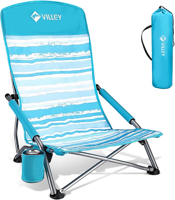 VILLEY Low Beach Chair, High Back Folding Chair for Adults, Lightweight and Portable for Outdoor, Camping, Lawn, Music Festival, with Cup Holder and Carry Bag - Blue Stripes
