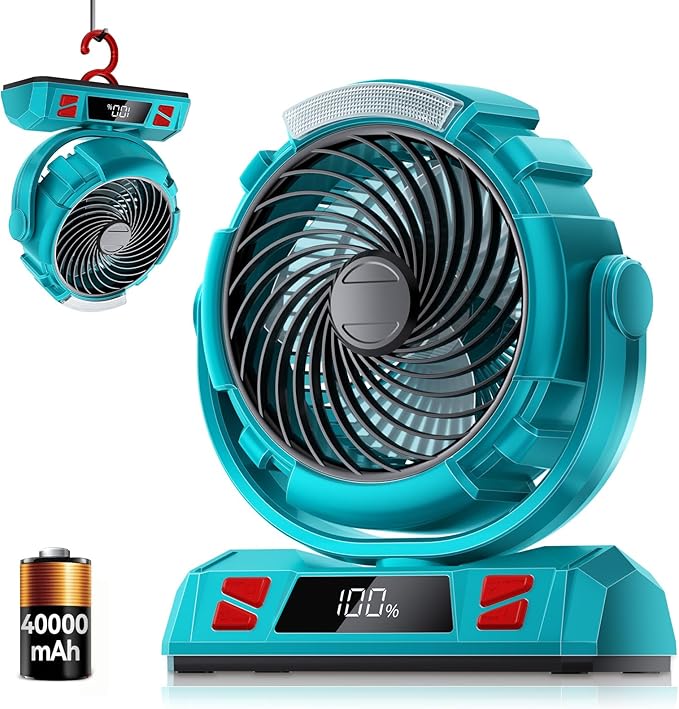 Camping LED Fan with Light, 40000mAh Rechargeable Battery Powered Outdoor Tent Fan with Light and Hook, 6 Speed, Personal USB Desk Fan for Camping, Fishing, Power Outage,Hurricane, Worksite
