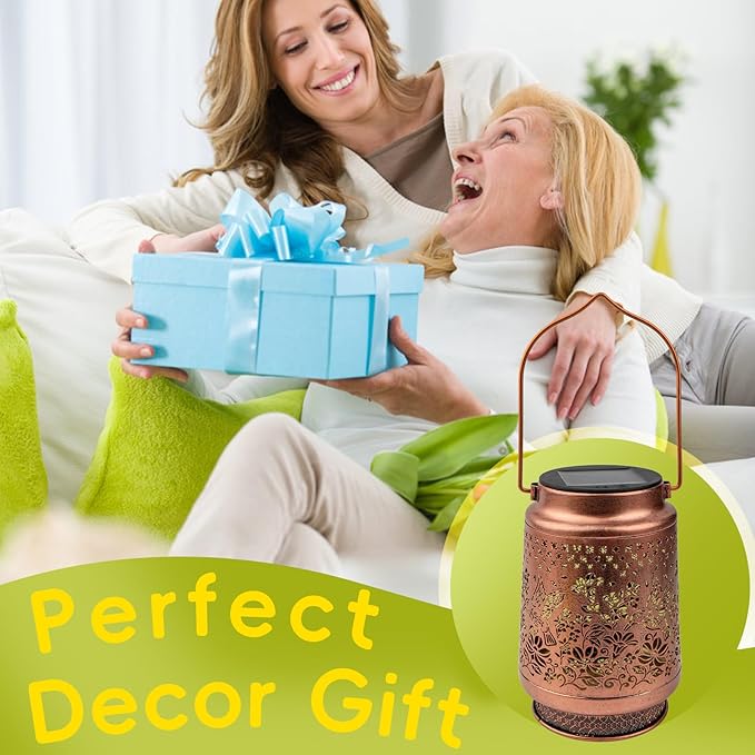 Boho Solar Lanterns Outdoor 2 Pack - Birthday Gifts for Women Mom Grandma Metal Hanging Solar Powered Unique Garden Decorative LED Lights (Fengming)