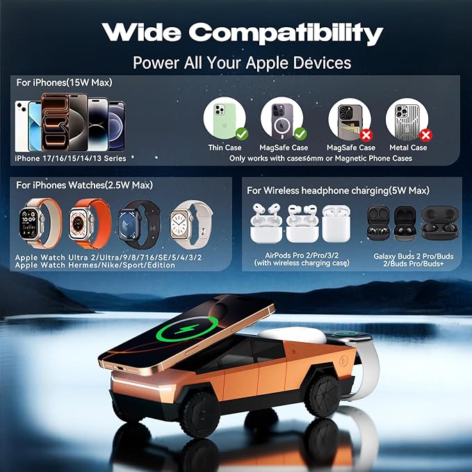 CyberDock 3-in-1 Wireless Charging Station for iPhone with Car Model 1:25 Scale, Qi2 Certified Mag-Safe Charger for iPhone iWatch AirPods, Rotating Charger with Ambient Light, 30W Adapter, Orange