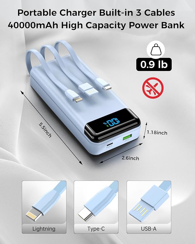 Portable Charger 40000mAh Power Bank Built-in Cable Battery Pack, PD 22.5W Fast Charging Portable Phone Charger 4 Output 3 Input, Compatible with iPhone 16 15 14 13 Samsung Google iPad (Blue)