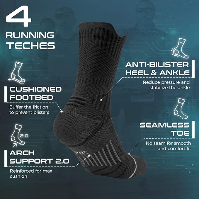 Compression Running Socks 3 Pairs, Cushion Crew Socks, Anti-Blister Moisture Wicking Athletic Hiking Basketball Socks