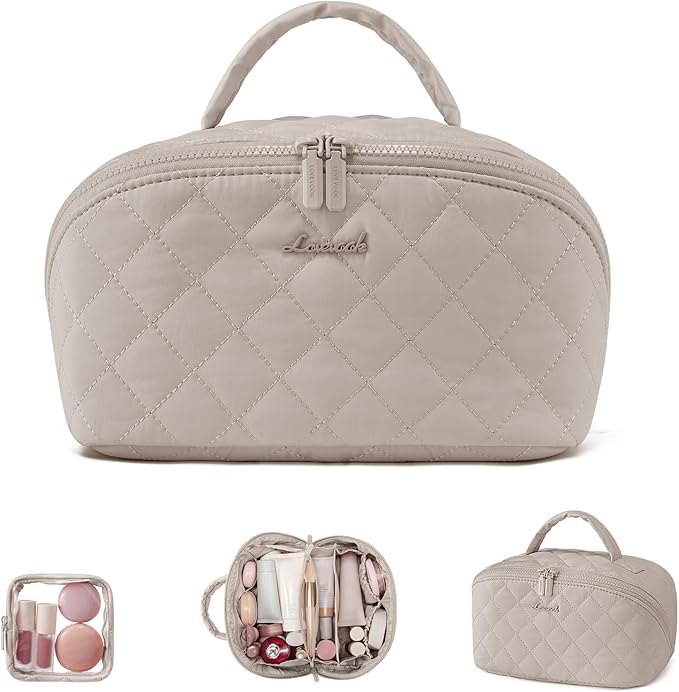 LOVEVOOK Travel Makeup Bag for Women, 2Pcs Puffer Waterproof Cosmetic Organizer, Large Capacity Pouch Open Flat Small Toiletry Bag with Brush Compartment & Handle (Light khaki, Large)