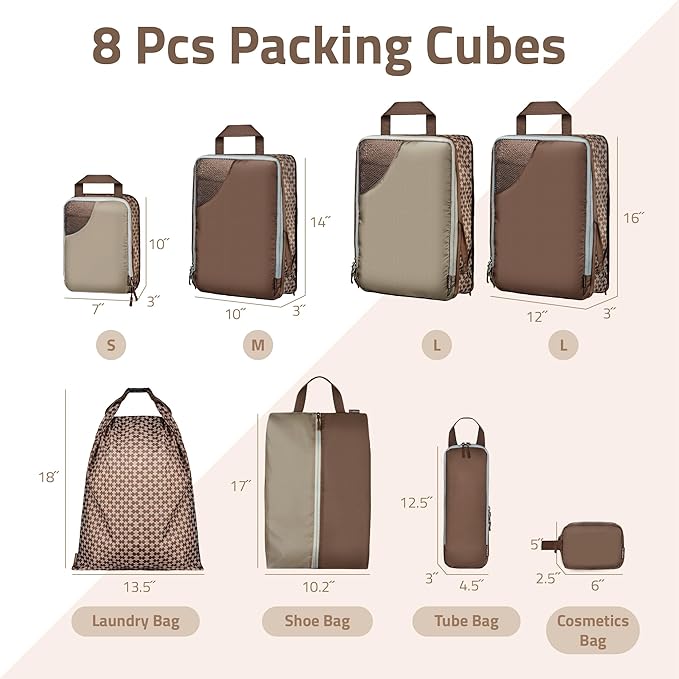 Oriday Set of 8 compression packing cubes for travel accessories- Expandable bags for clothing, toiletry, backpacks, organizing essentials (Beige)
