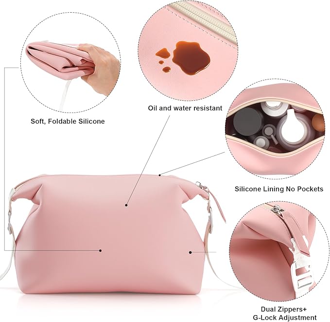 Vomgomfom 3L 6.5 Inch Silicone Toiletry Bag, Waterproof Leakproof Travel Cosmetic Organizer, Adjustable G-Buckle Compression Dopp Kit, Foldable Makeup Bag for Women & Men, Pink