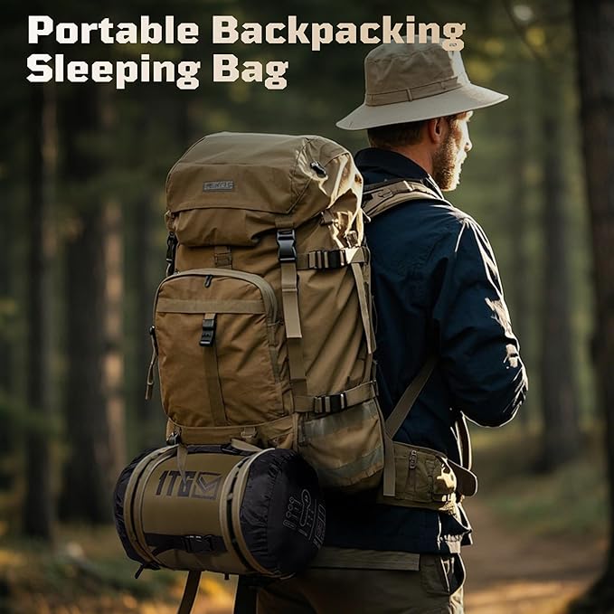 Sleeping Bag for Adults, Warm Weather Camping Mummy Sleeping Bags (25-36℉) with Adjustable Hood, Phone Pocket & Compression Sack for Hiking Travel Hunting