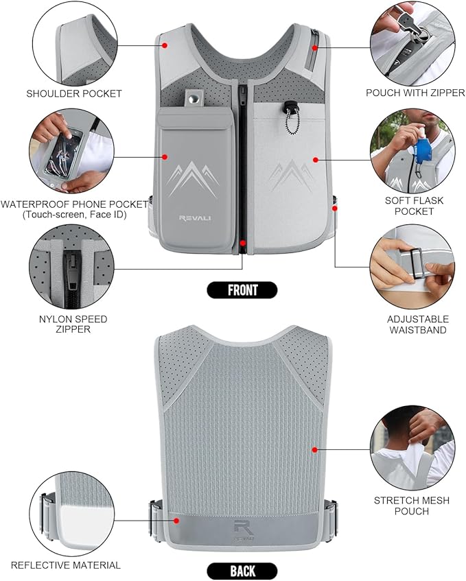 REVALI Zip Reflective Running Vests with Hydration Bottle, Adjustable Waistband & Breathable Material, Chest Pack Gear Phone Holder for Men & Women