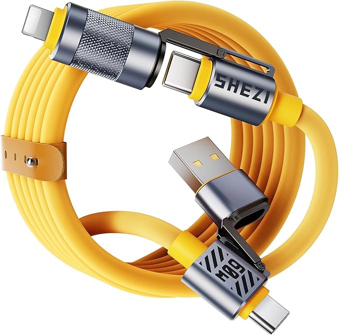 4 in 1 USB C Cable 60W Compatible With Lightning Cable Fast Charging & Data Transfer, Multi Charger Cord Combo for iPhone iPad Charger Wire with L/Type C/USB A for iPhone 16/15/Macbook, Yellow