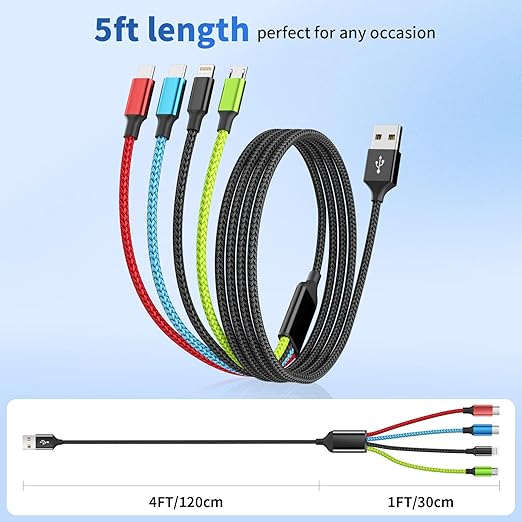 Travel Essentials Multi Charging Cable [2Pack 5FT], Car Accessories 4 in 1 Charging Cords, USB Cable Phone Charger with IP/Type C/Type C/Micro, Compatible with Most Phones/Tablets and More