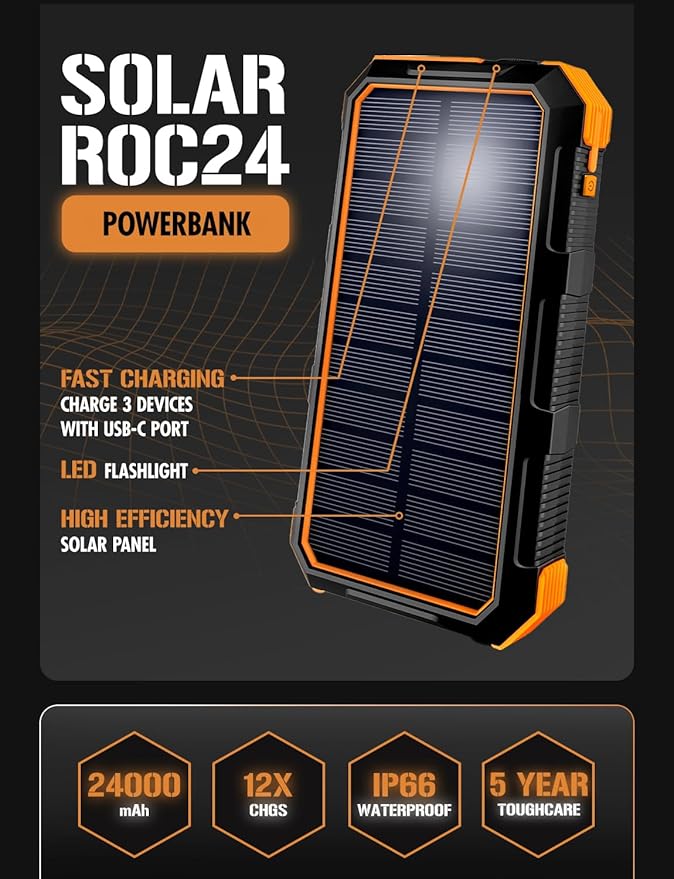 ToughTested 24,000 mAh Fast Charging Solar Power Bank, Portable Solar Charger External Battery Bank | LED Flashlight, IP67 Waterproof, Dustproof, Shockproof for Camping, Travel & Emergency Use