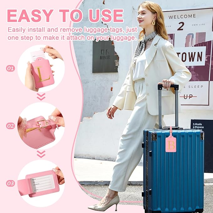 Personalized Initial Luggage Tags for Suitcase, Pink Leather Cute Luggage Tags with Privacy Cover Name Card, Embroidered Custom Monogrammed Luggage Tag Travel Bag Baggage Tags Gifts for Women Kids(B)