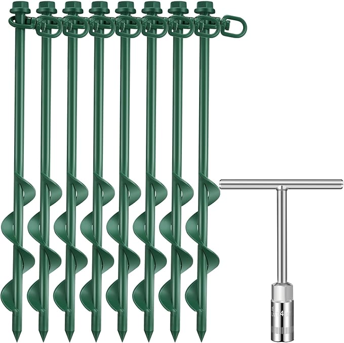 Zhengmy 8 Pcs Ground Anchors Screw in, 12 Inch Heavy Duty Tent Stakes with Trampoline Anchor Hook Ground Stakes for Camping Tent Canopies Ports Sheds Swing Sets Securing Animals (Green)