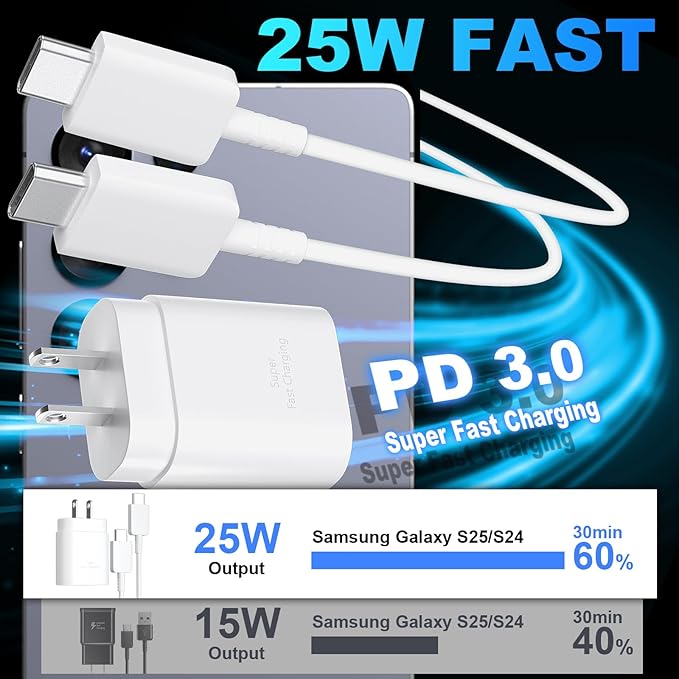 USB C Android Charger Fast Charging Cord, Super Fast Phone Chargers 10FT C to C Type Cable with 25W USBC Wall Block for Samsung Galaxy S26 S25 S24 Ultra Plus/S23/S22/S21/S20/Note 20/10, White