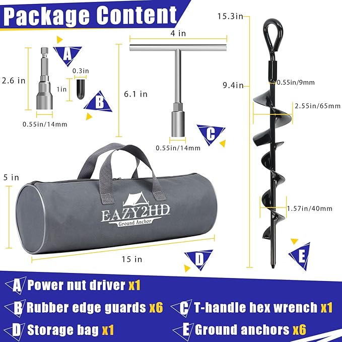 Eazy2hD 6 Pack Tent Stakes Heavy Duty, 15 Inch Ground Anchors Screw in, Metal High Winds Trampoline Stake with Nut and Tool, Spiral Anchor Kit for Camping, Swing Set, Mobile Home, Car Ports