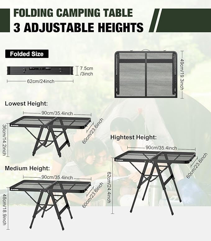 Foldable Grill Table with Mesh Desktop, 200lbs 3Ft Portable Folding Table, Height Adjustable Metal Table for Ourdoor, Camping, Picnic, BBQ and Beach, RV, 35.4" L x 23.6" W