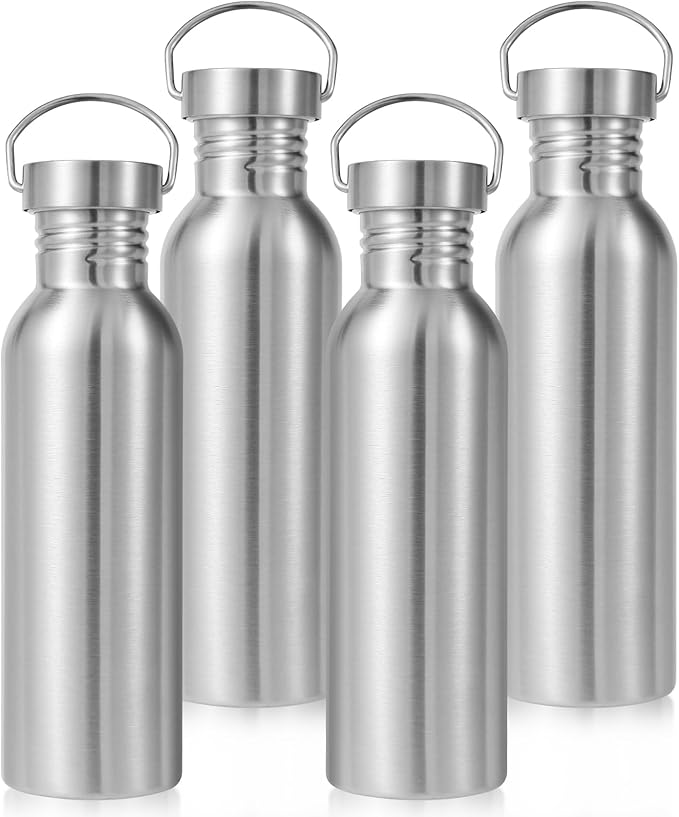 Volhoply 26oz Stainless Steel Water Bottle with Handle 4 Pack,Non Insulated Single Wall, Dishwasher Safe No Plastic 18/8 304 Metal Water Bottles with Wide Mouth for Camping, Hikers, Cyclists
