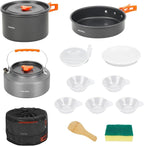 Onlyfire 14pcs Camping Cookware Mess Kit, Non-Stick Lightweight Pot Pan Kettle Set with Plates Forks Knives Spoons for Camping, Backpacking, Outdoor Cooking and Picnic CT604