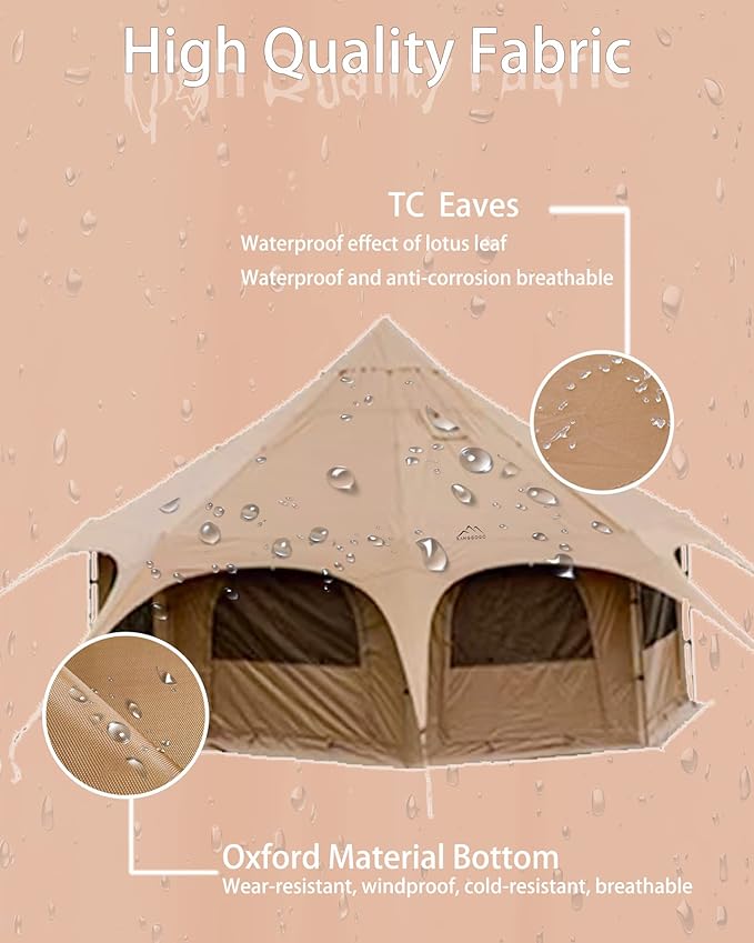 Cotton Canvas Tent Bell - Yurts Breathable and Windproof,Glamping for 6/8/10Person Family Camping