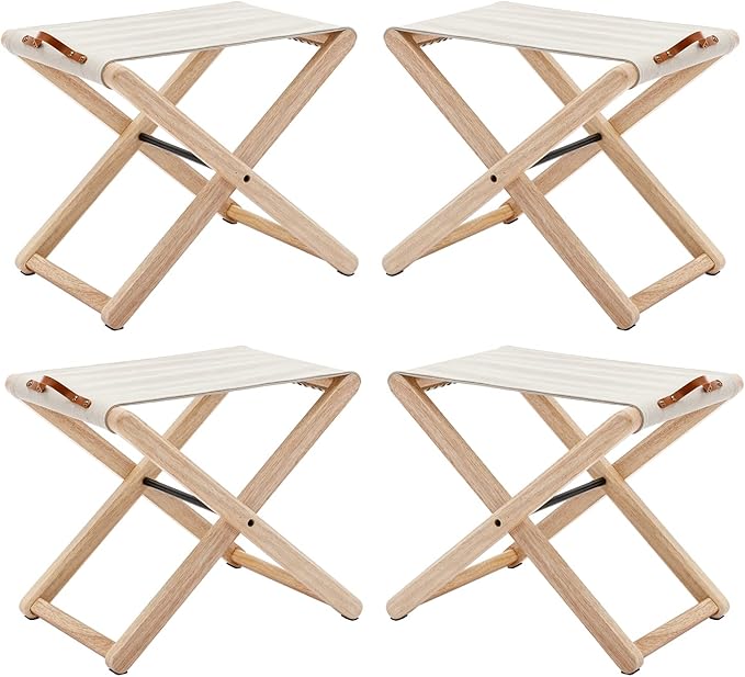 Wood Folding Camping Stools Set of 4, 18.5" Hardwood Portable Fishing Folding Stool with Heavy Duty Metal Support Canvas Camp Stool Foldable Footstool for Outdoor Hiking Picnic BBQ, Beige