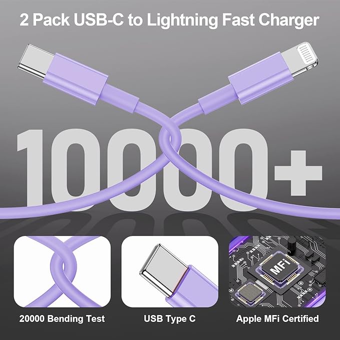 2Pack Purple Fast Charger Cable 10ft [Apple MFi Certified], USB Type C to Lightning Cable 10 Foot for Apple iPhone 14/13/12 Pro XR XS Max X 8 Plus