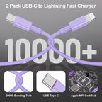 2 Pack Fast Charger Cable, 6ft USB-C to Lightning Cable, MFi Certified, Purple, for iPhone14/13/12/11 Pro Max/Mini/XR/XS, etc.
