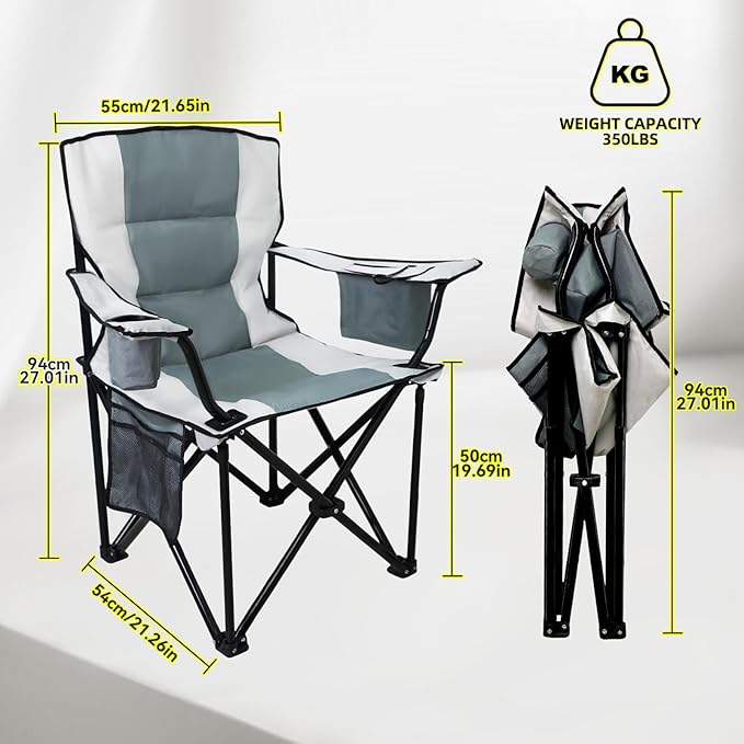 Heavy Duty Camping Chairs 600D Oxford Portable Folding Chair - Extra Wide Armrests, Cup Holder & Cooler Bag, Supports 350lbs, Ideal for Outdoor, Beach, Picnic & Sports