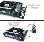 Dual Fuel Camp Stove with Windblocker, Propane or Butane Stove10000 BTU With Propane Adapter Hose and Carrying Case Propane Stove for Camping,Gas Portable Stove for Huting, Hiking（Fuel not included）