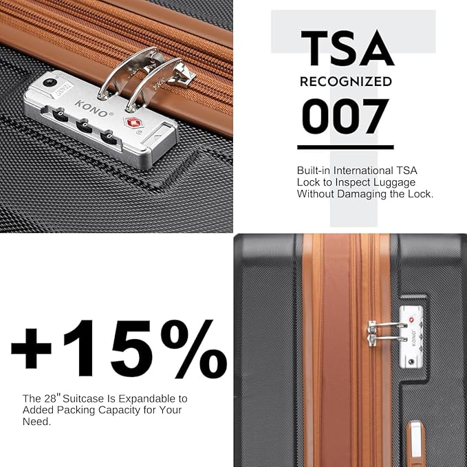 Kono 4 Piece Luggage Sets Expandable(only 28") Lightweight with Spinner Wheels TSA Lock Hardside Travel Rolling Suitcases 20in 24in 28in Carry on and 12in Mini Cosmetic Case Apricot Black