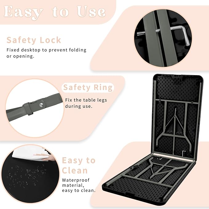 Folding Table 8 FT Camping Table Portable Heavy Duty Plastic Rectangular Outdoor Dining Table Steel Legs Fold-in-Half with Carrying Handle for Indoor,Picnic,Party,Wedding,Events(Black)