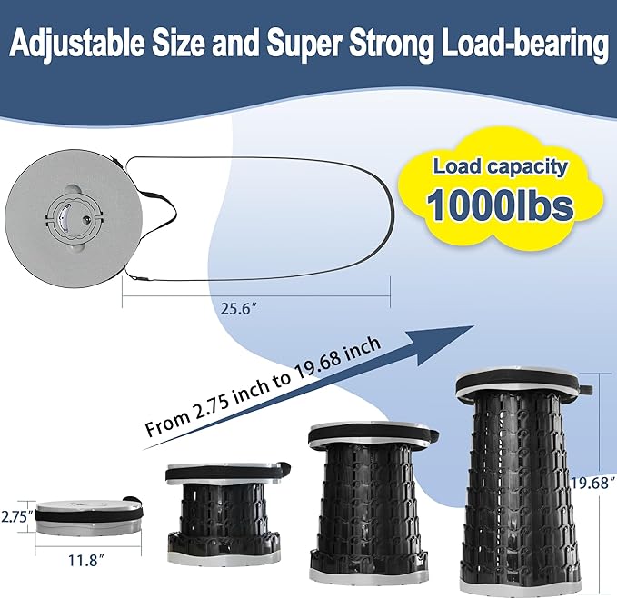 ALEVMOOM 2025 Upgraded XXL 19.7" Collapsible Stool with Cushion, 1000lbs Max Weight Heavy Duty Portable Telescoping Stool, Retractable Seat Folding Chair for Camping Fishing Hiking(Grey-XXL)