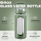 BLUEGO 64oz Water Bottle Glass with Stainless Steel Handle Large Water Bottle with Time Markers and Silicone Sleeve Half Gallon Water Jug BPA Free for Gym Daily Use, Olive