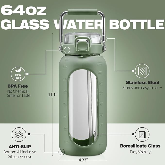 BLUEGO 64oz Water Bottle Glass with Stainless Steel Handle Large Water Bottle with Time Markers and Silicone Sleeve Half Gallon Water Jug BPA Free for Gym Daily Use, Olive