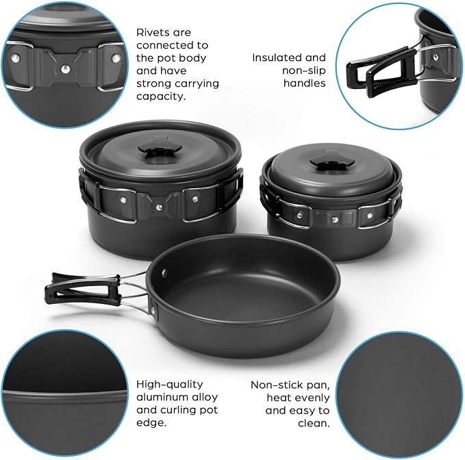 Odoland 16pcs Camping Cookware Mess Kit with Folding Camping Stove, Non-Stick Lightweight Pots Pan Set with Stainless Steel Cups Plates Forks Knives Spoons for Camping, Backpacking, Outdoor Cooking