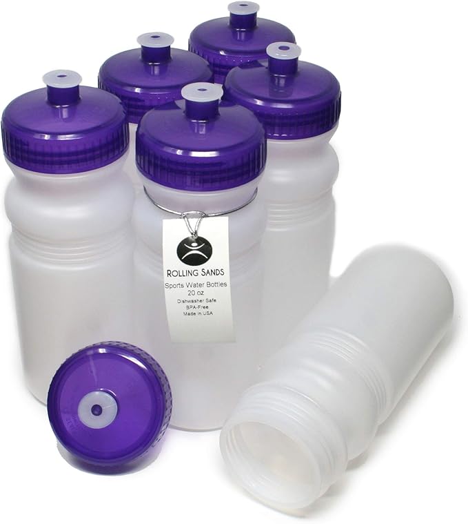 Rolling Sands USA Made 20 Ounce Sports Water Bottles - 6-Pack BPA-Free Blank Sports Bottles for Small Teams, Adults & Kids - Clear Frost Bottle/Purple Lid, No Smell No Taste