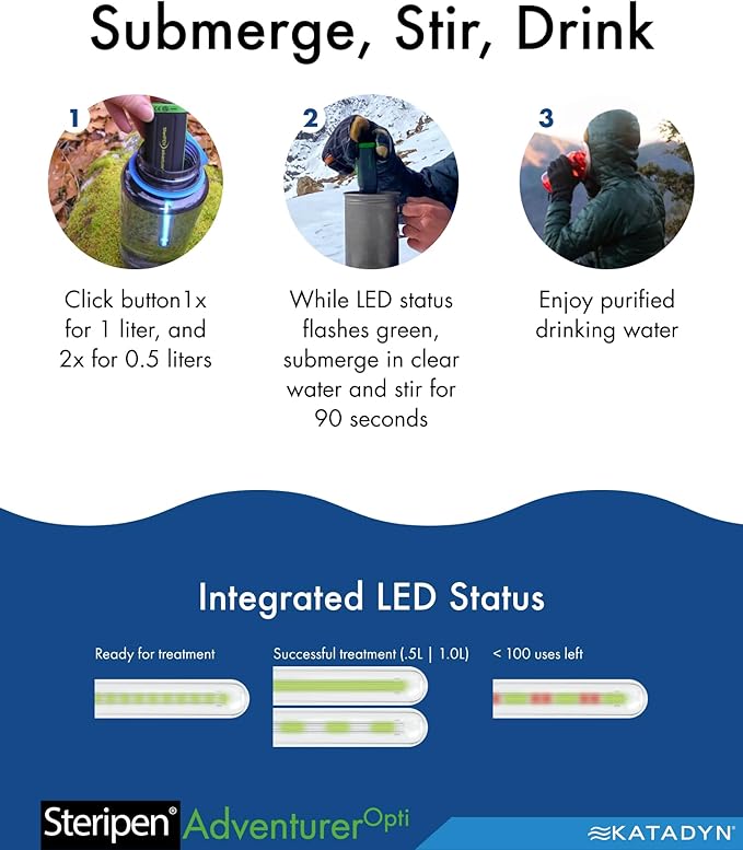 SteriPen Adventurer Opti UV Personal Water Purifier for Camping, Backpacking, Emergency Preparedness and Travel Black/Green Small