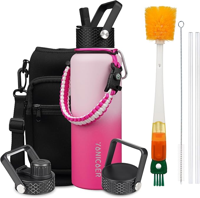 Insulated Water Bottle 40oz,Triple Wall Vacuum Stainless Steel(Dishwasher Safe),Leak Proof & Non-BPA,Flask Jug with Paracord Handle & Straw Spout Lids Sports Sakura