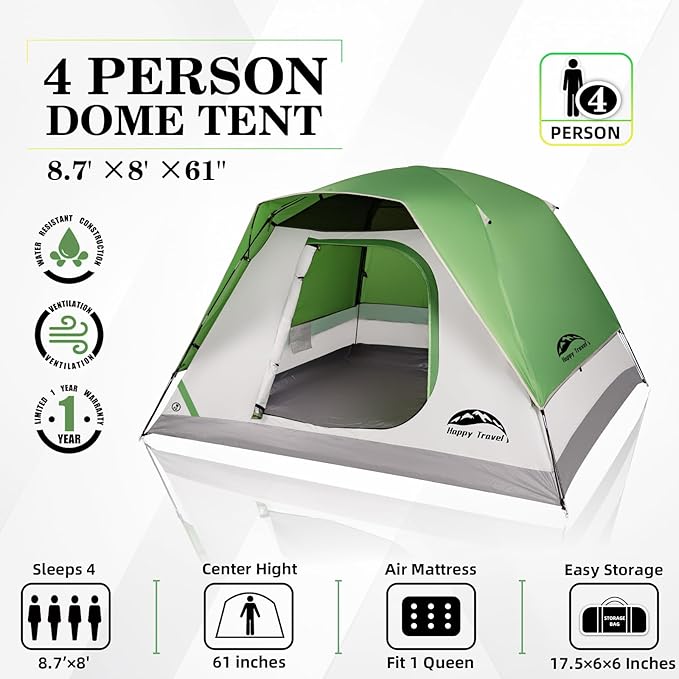 Happy Travel Camping Tent, 4/6 Person Dome Tents for Camping with Rainfly, Waterproof Clip Easy Setup Portable Family Tent with Mesh Windows, 20% More Headroom Backpacking Tents for Camping & Hiking