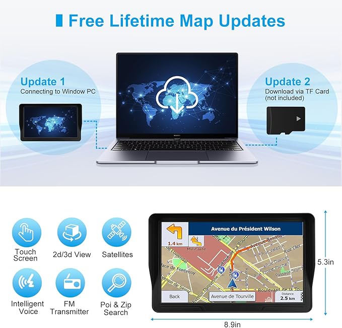 9'' GPS Navigator for Car Truck RV - Touchscreen Navigation System with Sun Visor, 2025 North America Maps Free Lifetime Updates, Voice Guidance, Speed Alert, GPS Navigation for All Vehicles