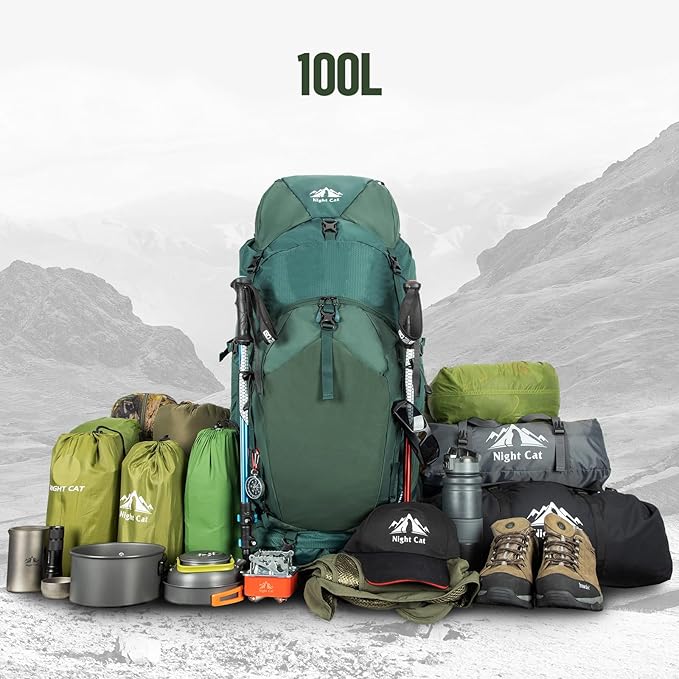 Night Cat Internal-frame Hiking Backpack: 100L Large Camping Backpack for Men Women Traveling Waterproof Rain Cover Green