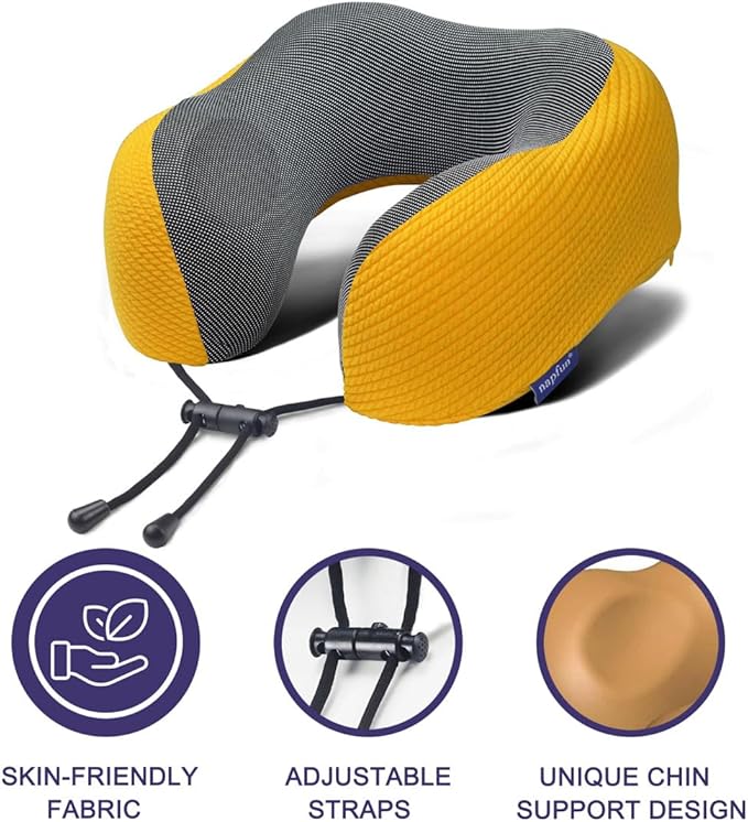 napfun Neck Pillow for Traveling, Upgraded Travel Neck Pillow for Airplane 100% Pure Memory Foam Travel Pillow for Flight Headrest Sleep, Portable Plane Accessories, Yellow, Medium (120-200LB)