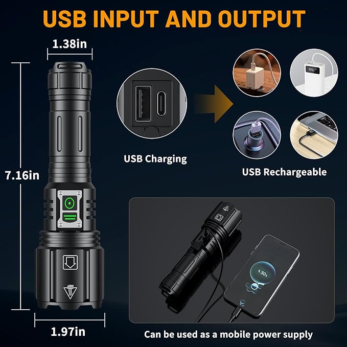 LED Super Bright Flashlight 4000.000 High Lumens, High Powered Rechargeable Flashlights, 6 Modes Zoomable, Waterproof Flash Lights, Tactical Handheld Flashlight for Emergency, Camping, Outdoor, Home
