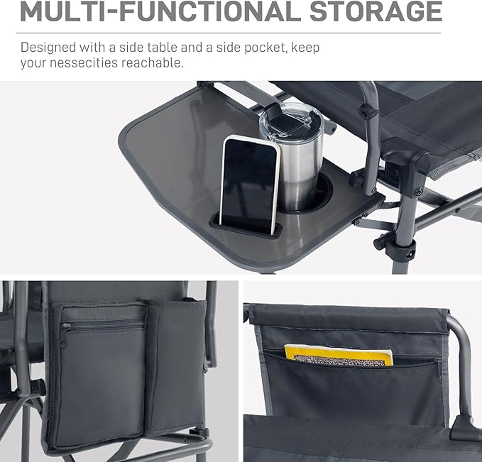 EVER ADVANCED Camping Directors' Chair with Side Table, Portable Folding Chair with Compact Size, Heavy Duty Lawn with Pocket for Camping, Lawn, Sports and Fishing, 400lbs, Grey